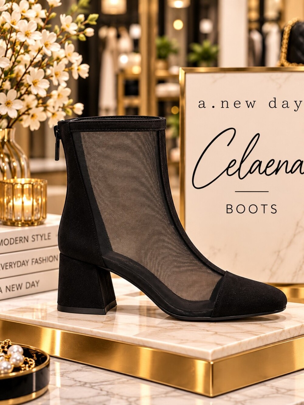 A New Day Celaena Black Sheer Mesh Block Heel Boots – Size 6.5 – NWT
